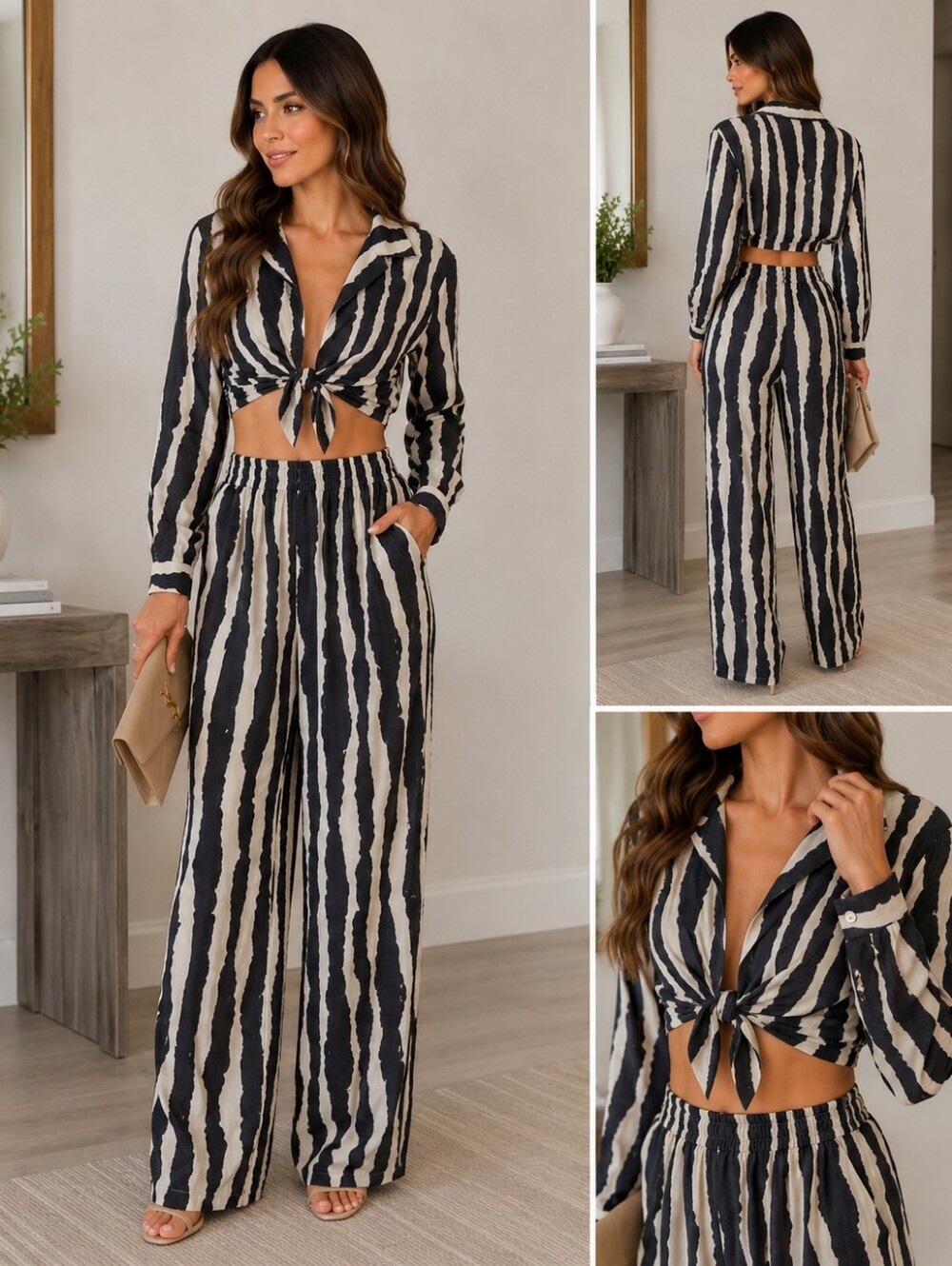 Musier Paris Black and Cream Tie-Front Long Sleeve Two Piece Set - Size 36